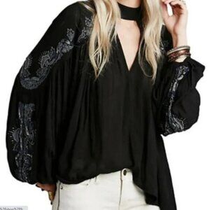 FREE PEOPLE Sweet Fantasy Beaded And Embroidered Boho Blouse Black Women's Large